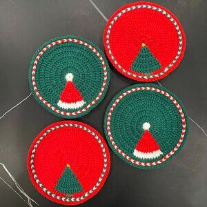Set of 4 Handmade Crochet Santa Hat and Christmas Tree Large Coasters
